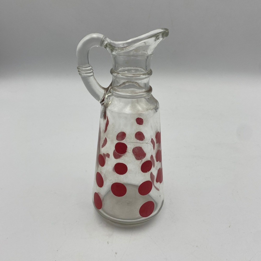 Vintage Red Polka Dot Clear Glass Cruet Pitcher Small Syrup Carafe 6 Inch